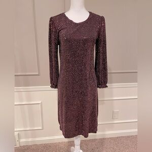 Nina Leonard Sequin Purple Maroon cocktail stretch dress long sleeve sparkle S